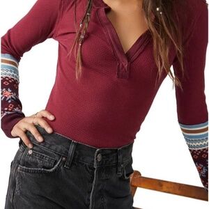 We The Free Burgundy Long Sleeve Thermal Top with Patterned Cuffs M
